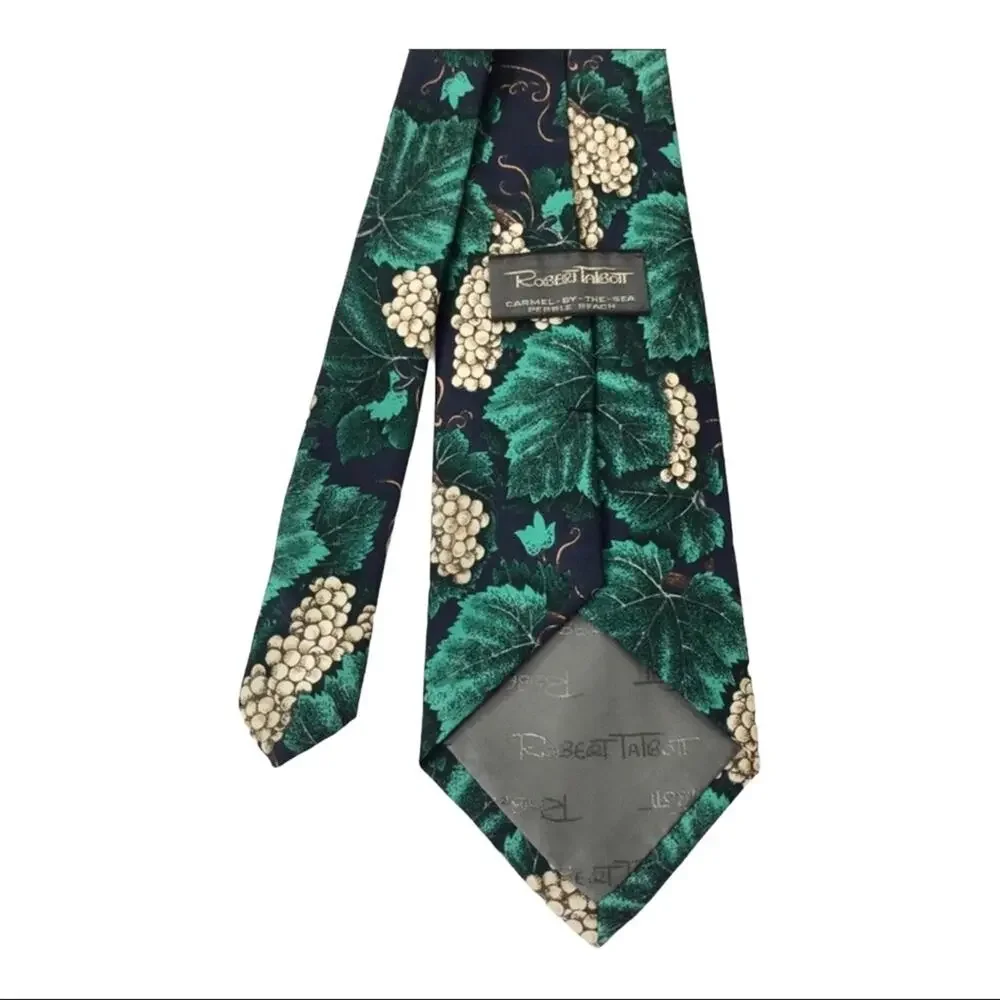 Robert Talbott Silk Tie Green & Cream Grape Leaves Tropical Print